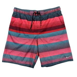 Nike Men's Medium Swim Trunks‎ Striped Red Blue Drawstring Waist Mesh Lined